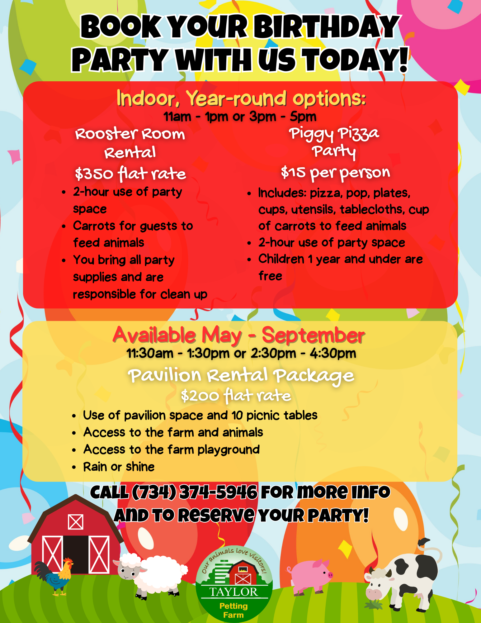 Farm party packages 2025. 2025 Farm Event Calendar. Call (734)-374-5946 for more information. 