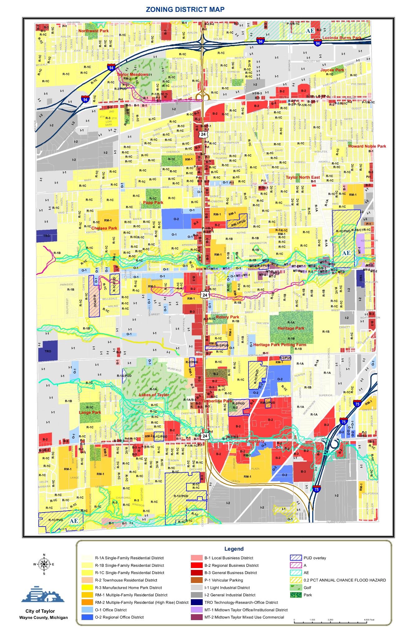 Detailed zoning district map of Taylor showing land-use classifications, major roads, and districts