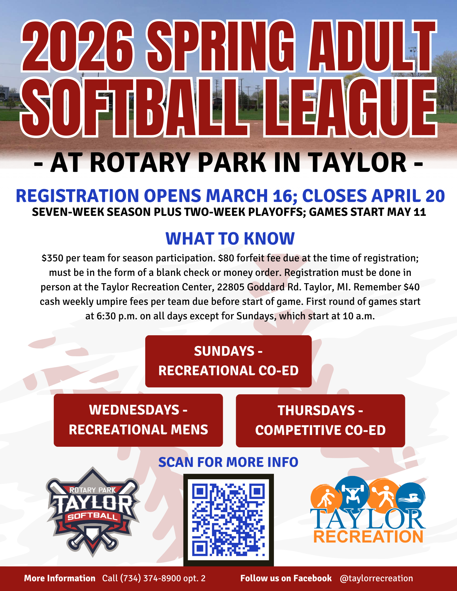 Adult Softball league. Registration opens March 16.